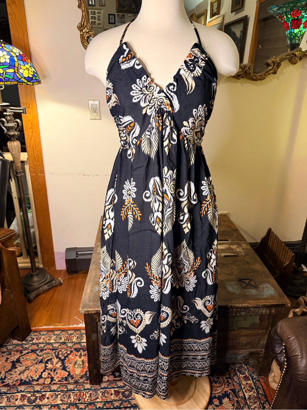 Black Floral Halter Maxi Dress with White & Tan Tropical Print